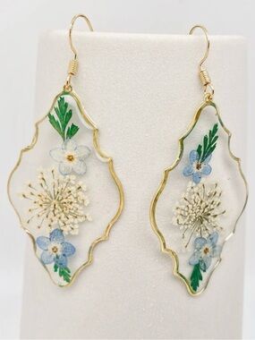 Earrings-Pressed Flower Resin Dangles - Blue & Green Floral New Boutique